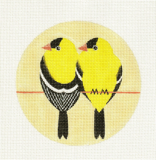 BIRDS ~ PAIR OF GOLDFINCH BIRDS 4.5" handpainted Needlepoint Canvas by Suzie Vallerie