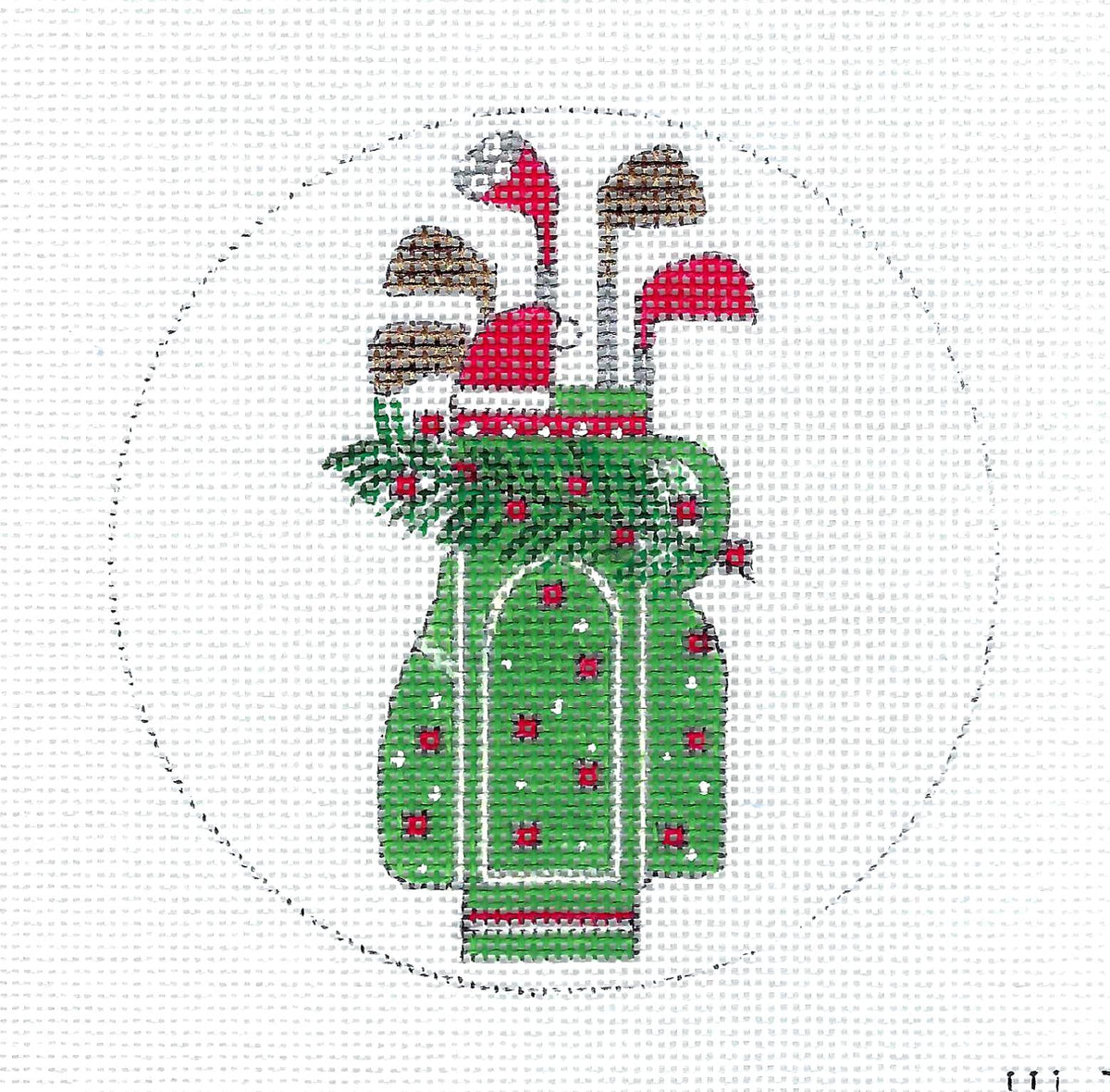 Christmas ~ GOLF CLUBS & GOLF BAG Sports handpainted Needlepoint 4" Round 18 Mesh Canvas by Alice Peterson