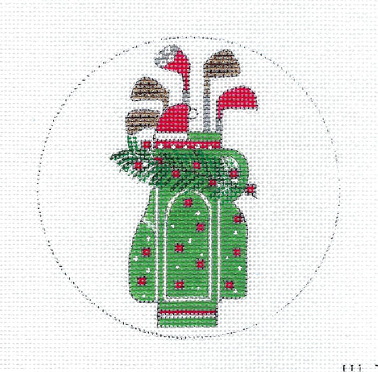 Christmas ~ GOLF CLUBS & GOLF BAG Sports handpainted Needlepoint 4" Round 18 Mesh Canvas by Alice Peterson