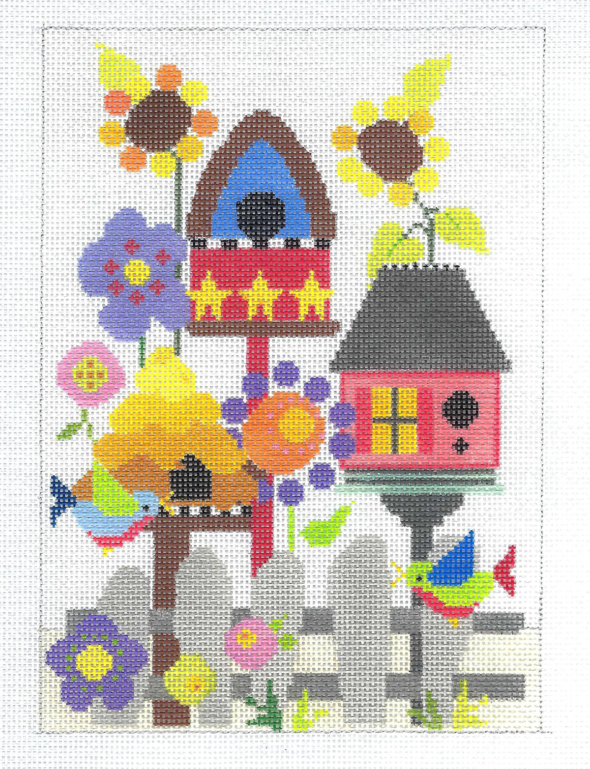 Needledeeva ~ Gracie's Birdhouse Garden & Birds Galore 18 Mesh handpainted Large Needlepoint Canvas by Needledeeva