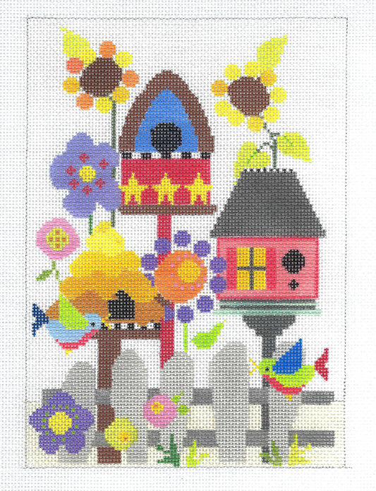 Needledeeva ~ Gracie's Birdhouse Garden & Birds Galore 18 Mesh handpainted Large Needlepoint Canvas by Needledeeva