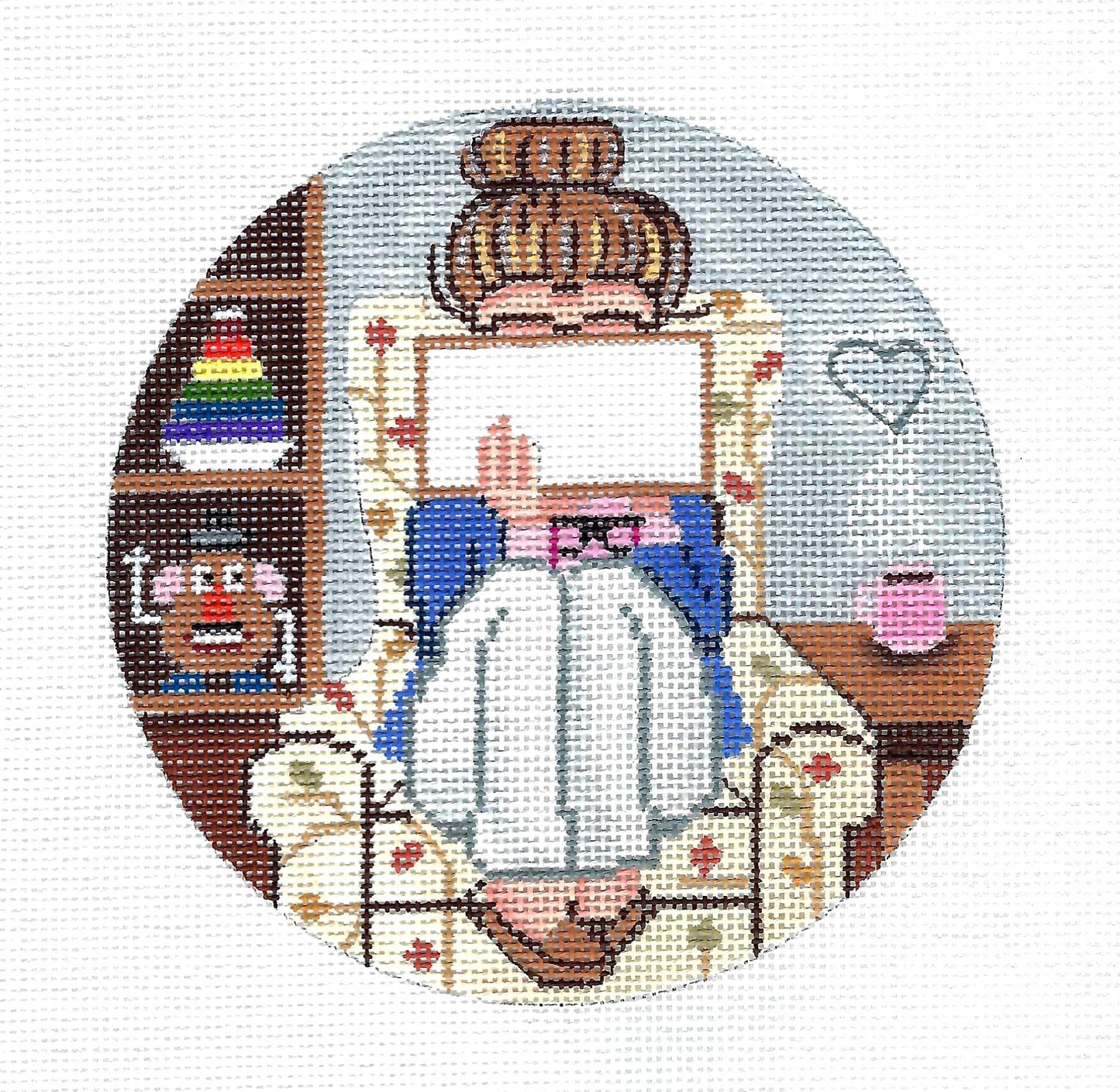 5" Round ~ Grandma Stitching in her Chair  5" Rd. Ornament handpainted Needlepoint Canvas by Gayla