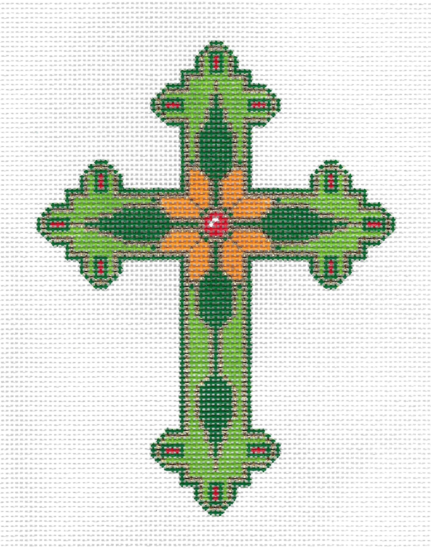 Cross ~ Elegant 7" Tall Green & Gold CROSS handpainted 13 Mesh Needlepoint Canvas by LEE 13 Mesh