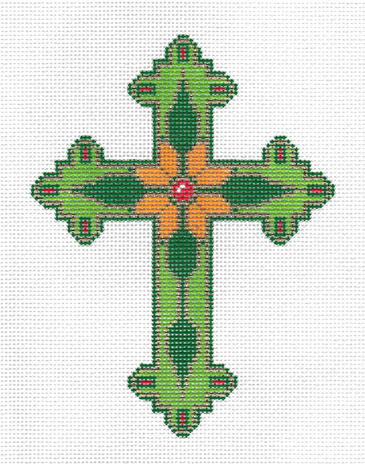Cross ~ Elegant 7" Tall Green & Gold CROSS handpainted 13 Mesh Needlepoint Canvas by LEE 13 Mesh