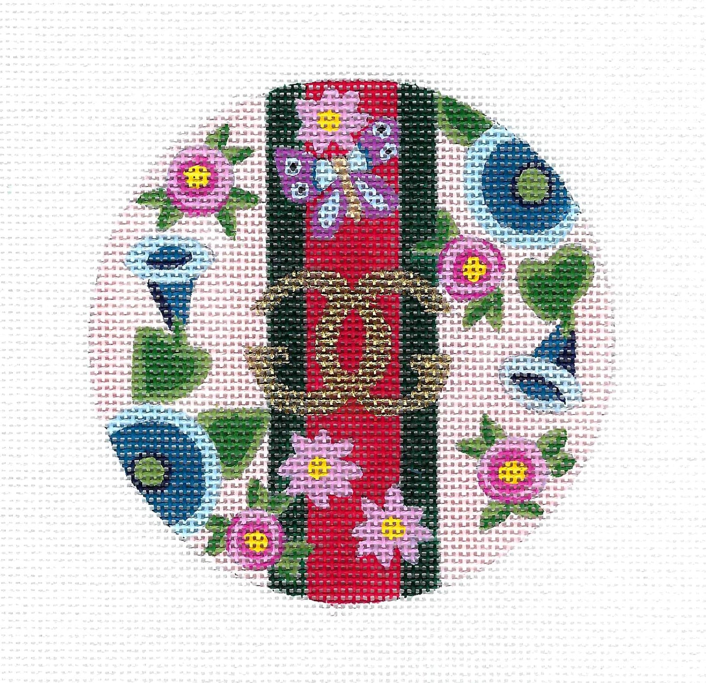 4" Round ~ GUCCI  Floral handpainted 4" Rd. 18 Mesh Needlepoint Ornament Canvas by Alice Peterson
