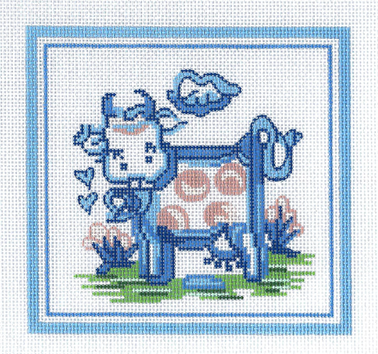 Hadley Pottery ~ COW in a Pasture handpainted 5" SQ. Needlepoint Canvas by Silver Needle
