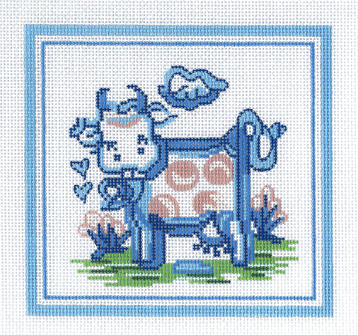Hadley Pottery ~ COW in a Pasture 18 Mesh handpainted 5" SQ. Needlepoint Canvas by Silver Needle
