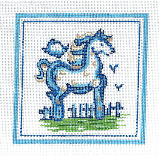 Hadley Pottery ~ HORSE in a Pasture  handpainted 5" SQ. Needlepoint Canvas by Silver Needle