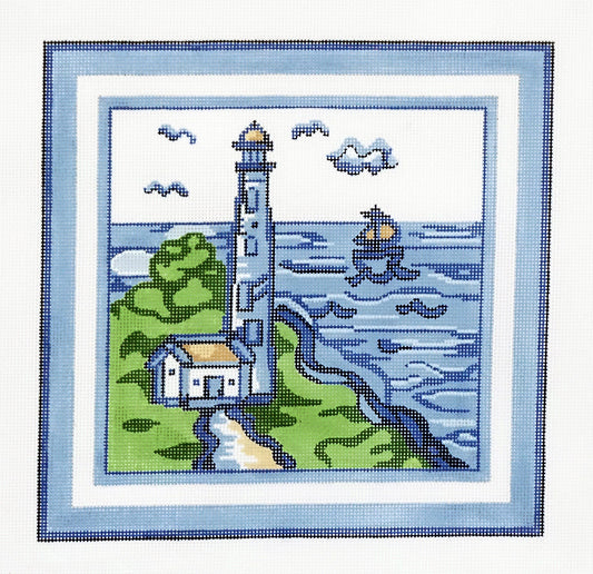 Hadley Pottery ~ Large LIGHTHOUSE, SHIP and COASTLINE handpainted 11" SQ., 13 mesh Needlepoint Canvas by Silver Needle