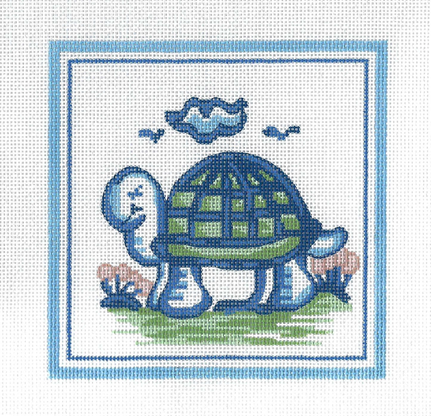 Hadley Pottery ~ TURTLE in a Summertime Field handpainted 5" SQ. Needlepoint Canvas by Silver Needle