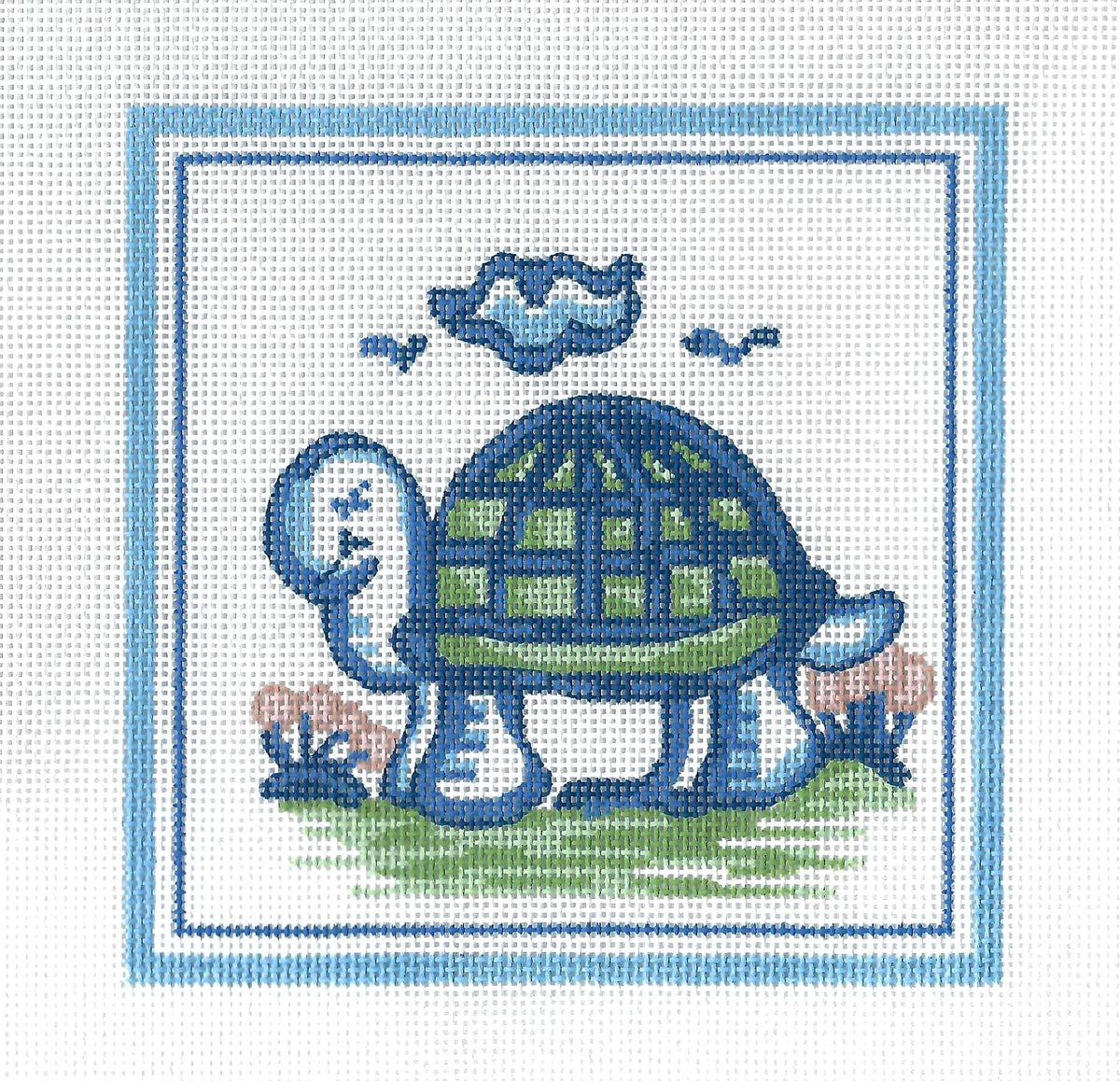 Hadley Pottery ~ TURTLE or TORTOISE in a Summertime Field 5" SQ. handpainted 18 Mesh Needlepoint Canvas by Silver Needle