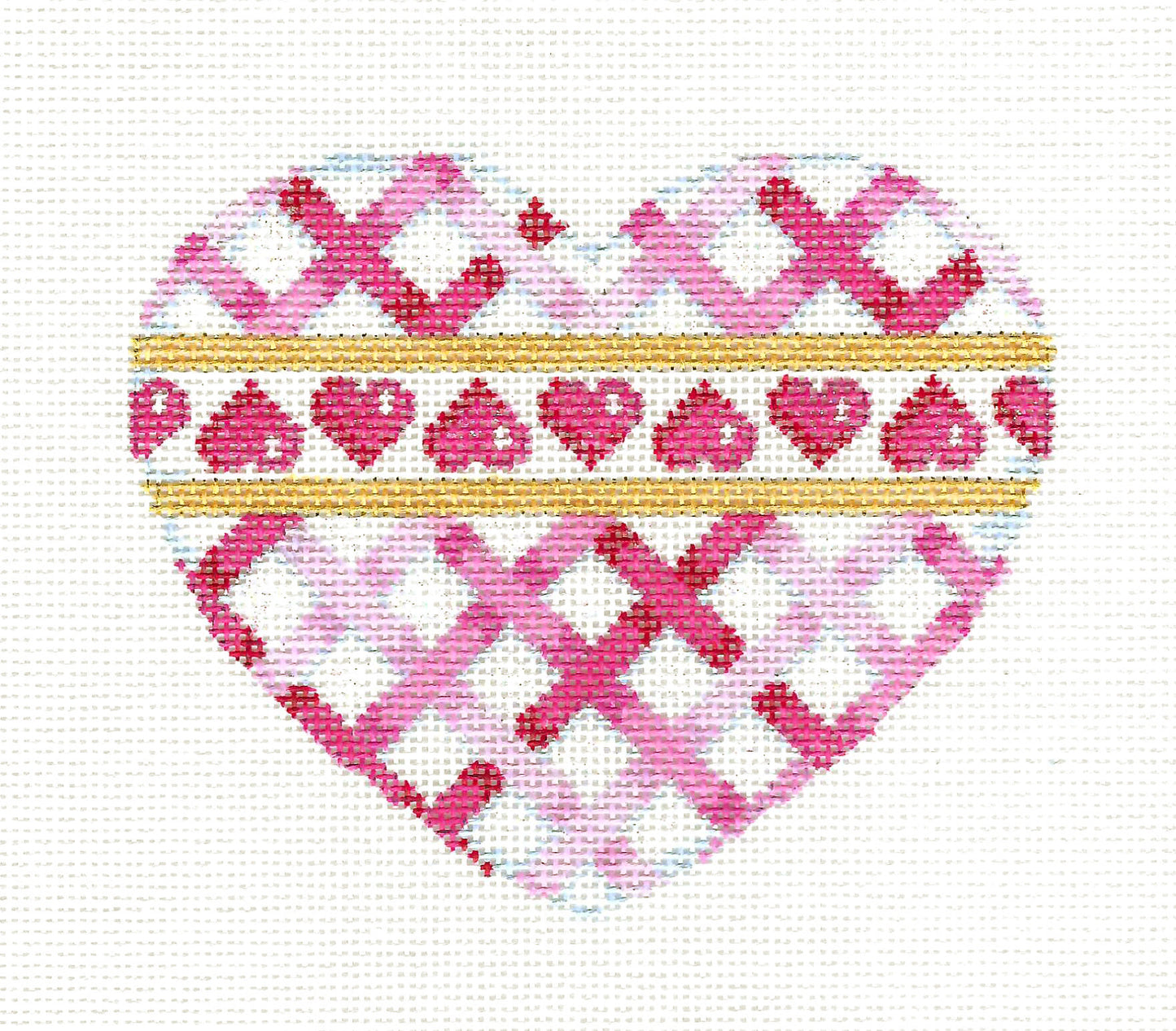 Heart ~ Pink, White & Gold Woven Ribbons Heart handpainted Needlepoint Ornament by Assoc. Talents