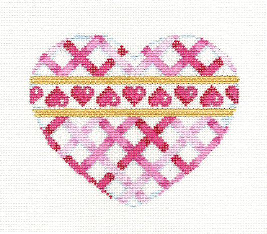 Heart ~ Pink, White & Gold Woven Ribbons Heart handpainted Needlepoint Ornament by Assoc. Talents