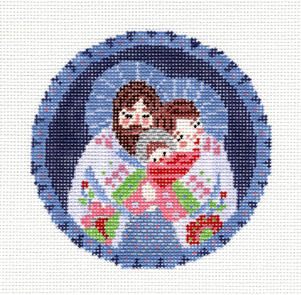 Holy Family ~ Mary, Joseph, and Jesus ~ Lavender handpainted 18 Mesh 4" Rd. Needlepoint Canvas Ornament by Abigail Cecile