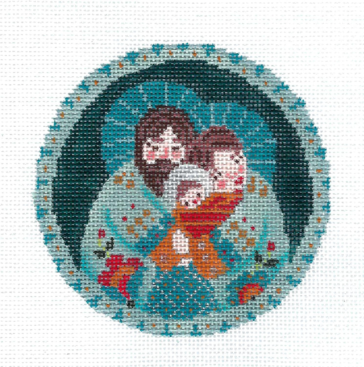 Holy Family ~ Mary, Joseph, and Jesus ~ Teal handpainted 18 Mesh 4" Rd. Needlepoint Canvas Ornament by Abigail Cecile