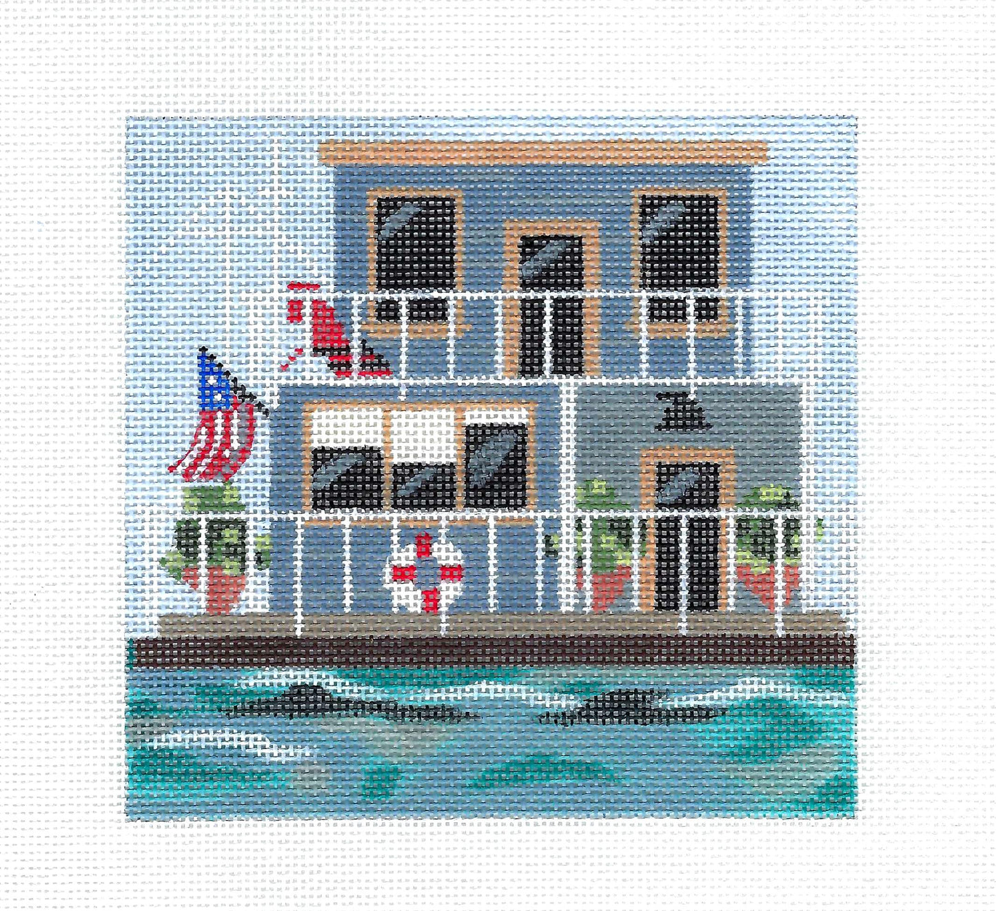 Houseboat on the Water 18 Mesh 5" Square handpainted Needlepoint Canvas by Melissa Prince