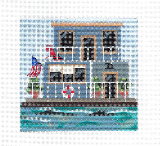 Houseboat on the Water 18 Mesh 5" Square handpainted Needlepoint Canvas by Melissa Prince