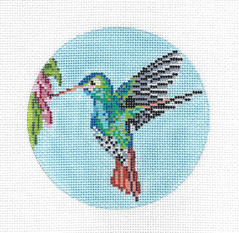 Bird Round ~ Elegant Rufous-Tailed Hummingbird 4.0" Round 18 Mesh handpainted Needlepoint Canvas by Needle Crossings