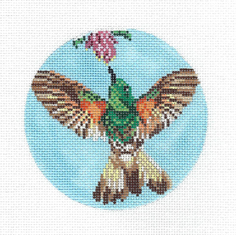 Bird Round ~ Buff Tailed Coronet Hummingbird 4.0" Round 18 Mesh handpainted Needlepoint Canvas by Needle Crossings