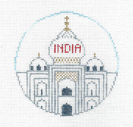 Travel Round ~ The Country of INDIA handpainted 4" Round 18 Mesh Needlepoint Canvas by Kathy Schenkel