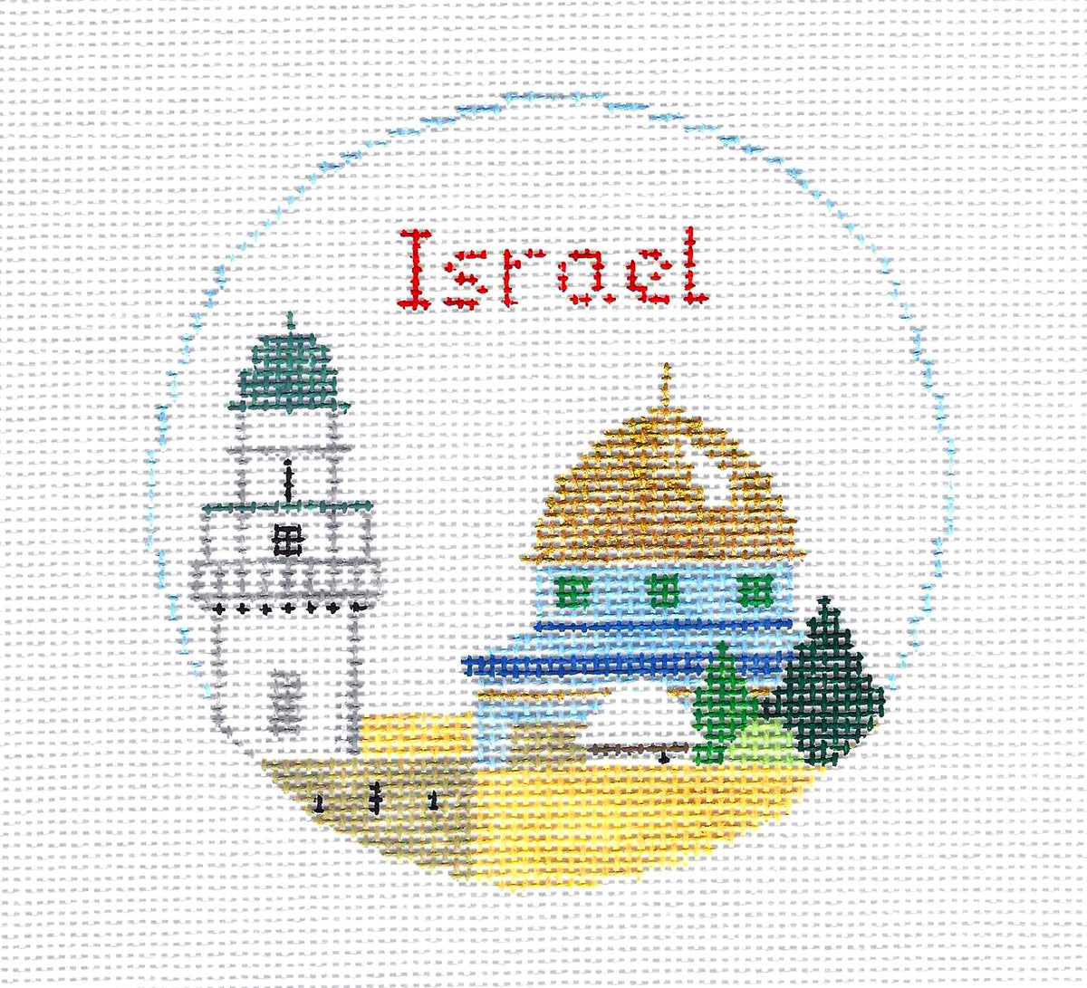 Travel Round ~  COUNTRY of ISRAEL on 18 Mesh handpainted 4" Rd. Needlepoint Ornament Canvas by Kathy Schenkel