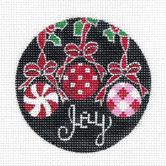 13 Mesh ~ Christmas JOY 13 Mesh Ornament with 3 Ornaments 4" Rd. handpainted Needlepoint Canvas by Alice Peterson