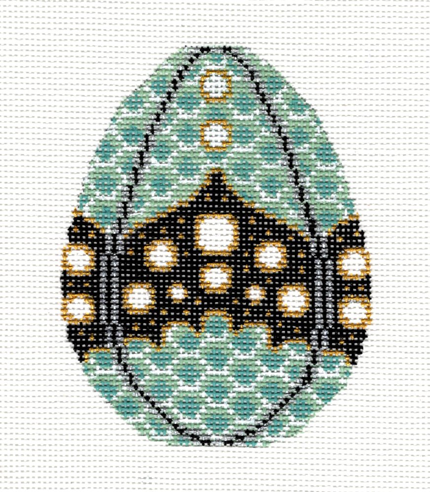 Elegant  TEAL, GOLD, BLACK & WHITE EGG handpainted 18 Mesh Needlepoint Ornament Canvas by JP Needlepoint