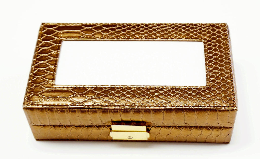 Leather Jewelry Box ~ Metallic Golden Bronze Leather Jewelry Box with Interior Compartments for Needlepoint Canvas LEE