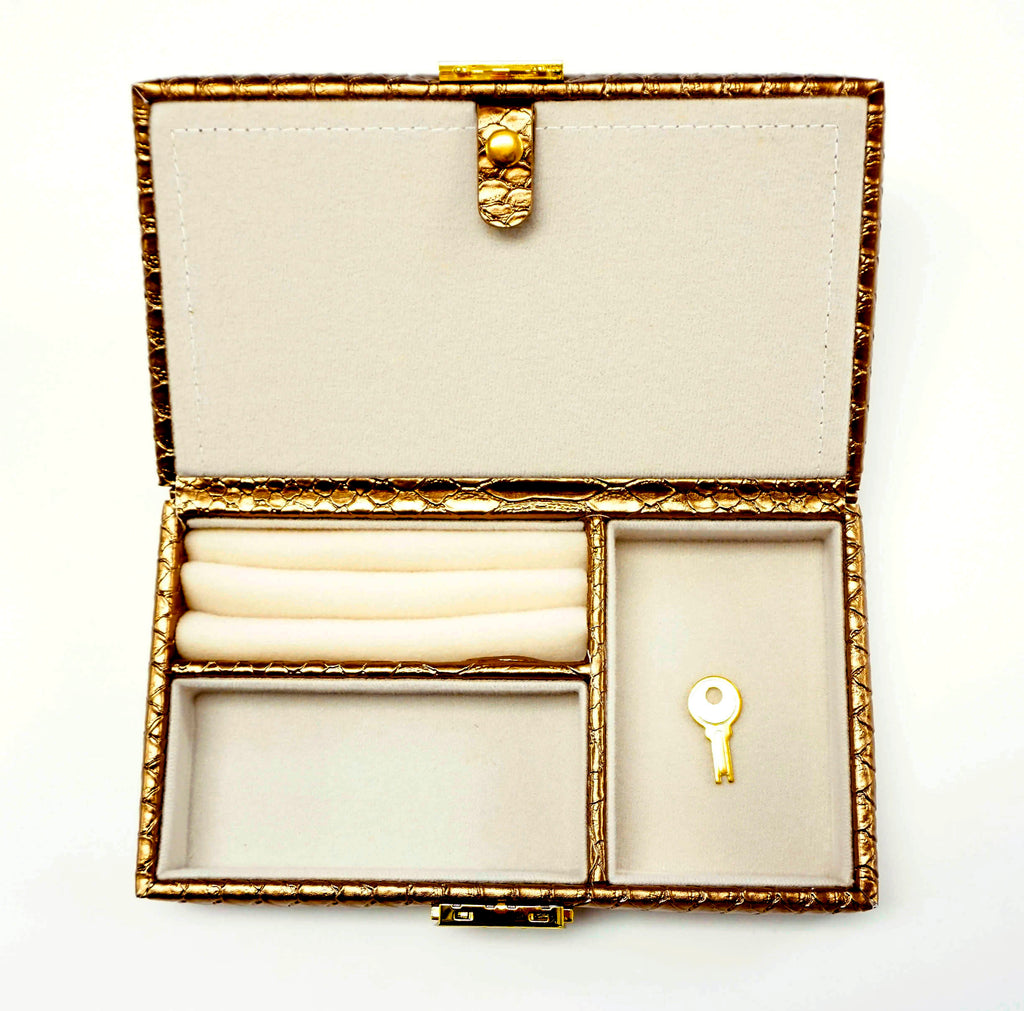 Leather Jewelry Box ~ Metallic Golden Bronze Leather Jewelry Box with Interior Compartments for Needlepoint Canvas LEE