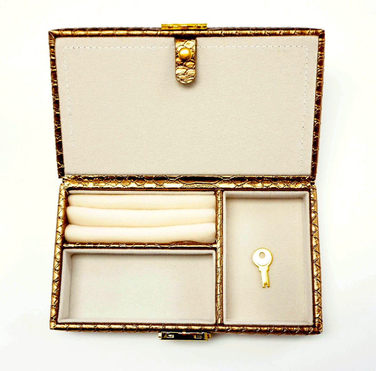 Leather Jewelry Box ~ Metallic Golden Bronze Leather Jewelry Box with Interior Compartments for Needlepoint Canvas LEE