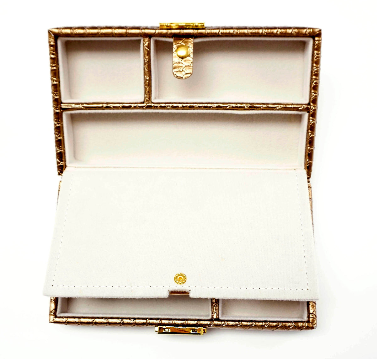 Leather Jewelry Box ~ Metallic Golden Bronze Leather Jewelry Box with Interior Compartments for Needlepoint Canvas LEE