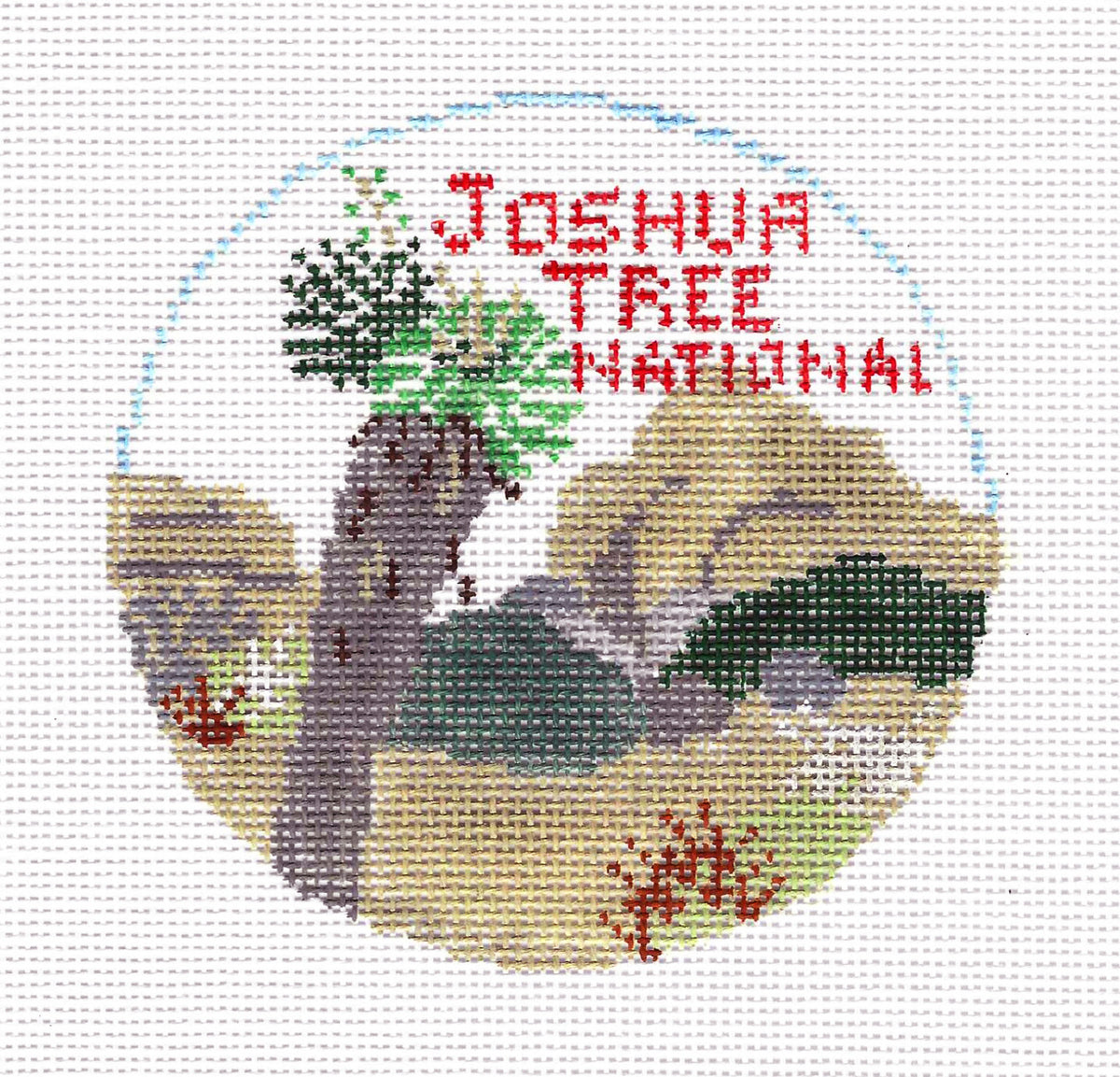Travel Round ~ JOSHUA TREE NATIONAL PARK in California 18 Mesh handpainted 4" Rd. Needlepoint Canvas by Kathy Schenkel
