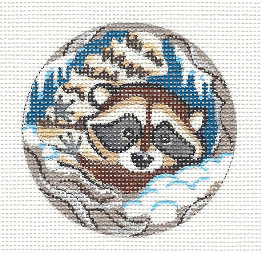 3" Round ~ Woodland Raccoon Snuggled in His Nest on 18 mesh Handpainted Needlepoint Canvas by Kamala *RETIRED DESIGN*