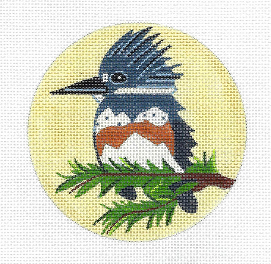 Bird Round ~ Belted Kingfisher Bird 18 mesh handpainted 4" Rd. Needlepoint Ornament Canvas Melissa Prince
