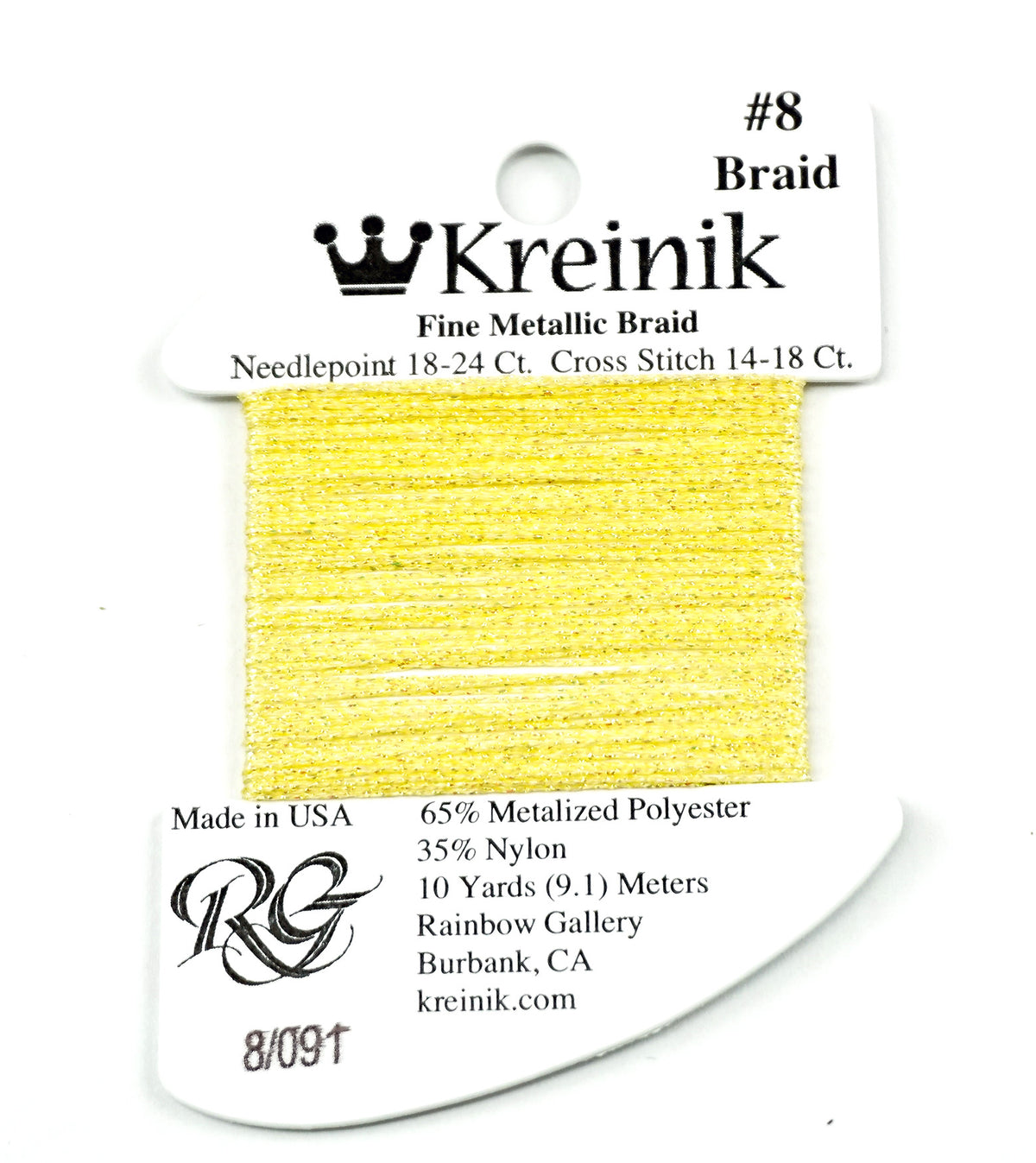 KREINIK BRAID ~ Star Yellow #091, Size 8 (Fine), 10 Yard Card of Fiber for Needlepoint by Kreinik
