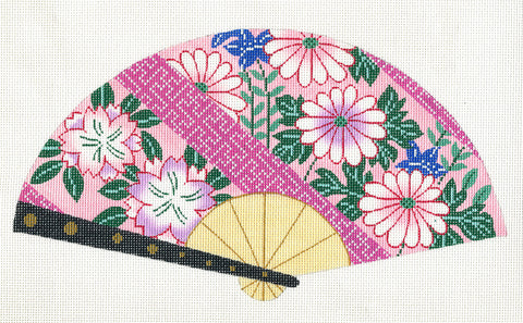 Oriental Fan ~ Oriental FAN of Pink Multi-Flowers handpainted Needlepoint Canvas by LEE
