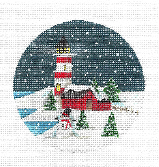 4" Ornament ~ Christmas at the Lighthouse 18 Mesh 4" Round Ornament handpainted Needlepoint Canvas by Diane Kater from Painted Pony
