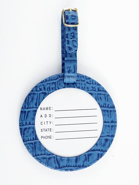 Accessory ~ LUGGAGE ID TAG Blue Alligator textured Leather for 3" Rd. Needlepoint Canvas by LEE