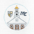 Travel Round ~ MERRIMACK COLLEGE  Handpainted 4" Round 18 Mesh Needlepoint Canvas by Kathy Schenkel