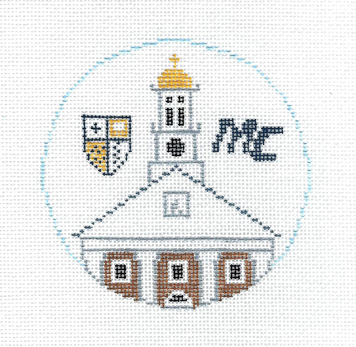 Travel Round ~ MERRIMACK COLLEGE  Handpainted 4" Round 18 Mesh Needlepoint Canvas by Kathy Schenkel
