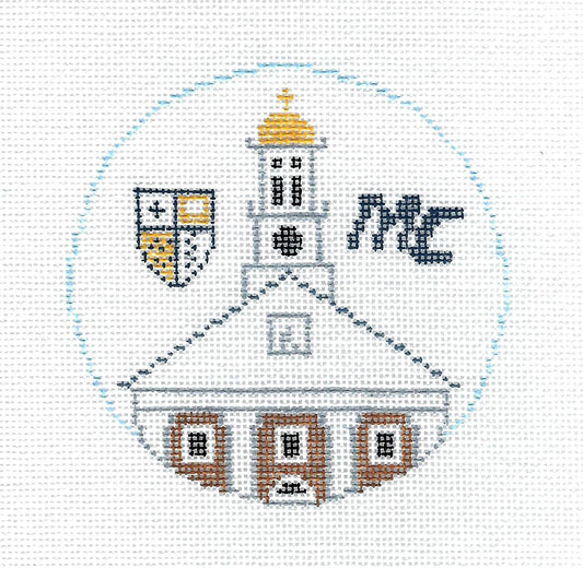 Travel Round ~ MERRIMACK COLLEGE  Handpainted 4" Round 18 Mesh Needlepoint Canvas by Kathy Schenkel