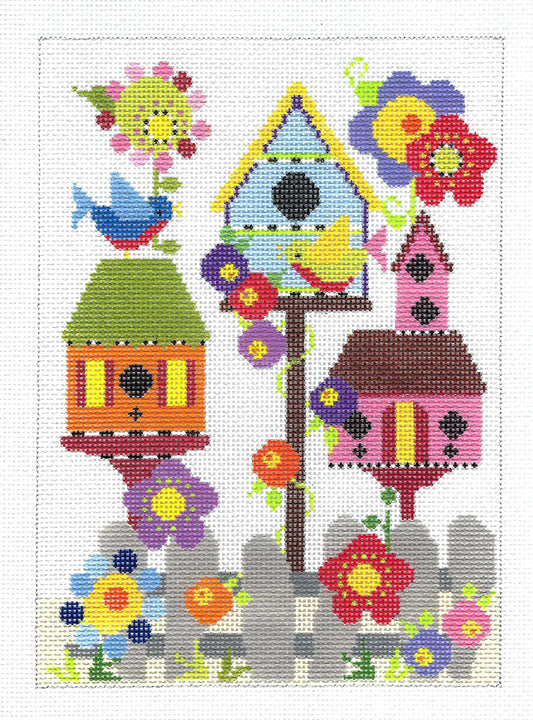 Needledeeva ~ Mackenzie's Birdhouse Garden & Birds Galore handpainted Large 18 Mesh Needlepoint Canvas by Needledeeva