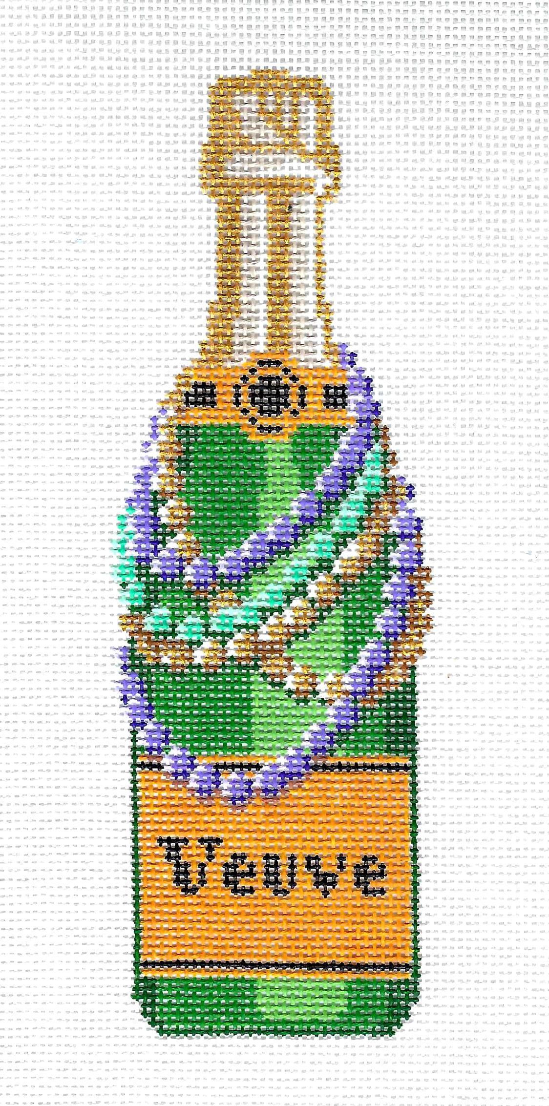 "Veuve" Champagne Bottle with Mardi Gras Beads on 18 mesh handpainted Needlepoint Canvas by C'ate La Vie