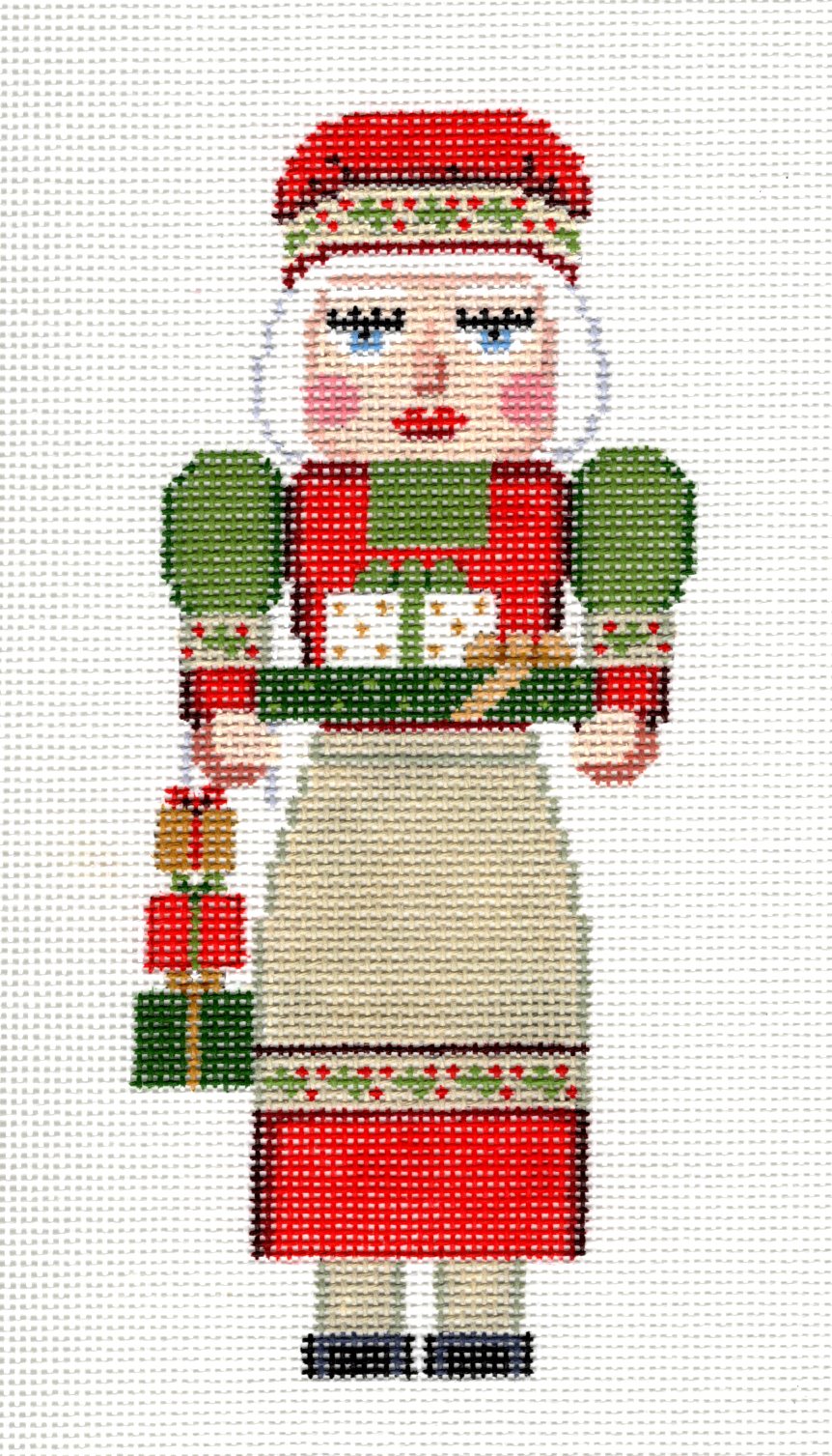 Nutcracker ~ Mrs. Claus Nutcracker with Gifts Galore handpainted 18 Mesh Needlepoint Ornament by Susan Roberts