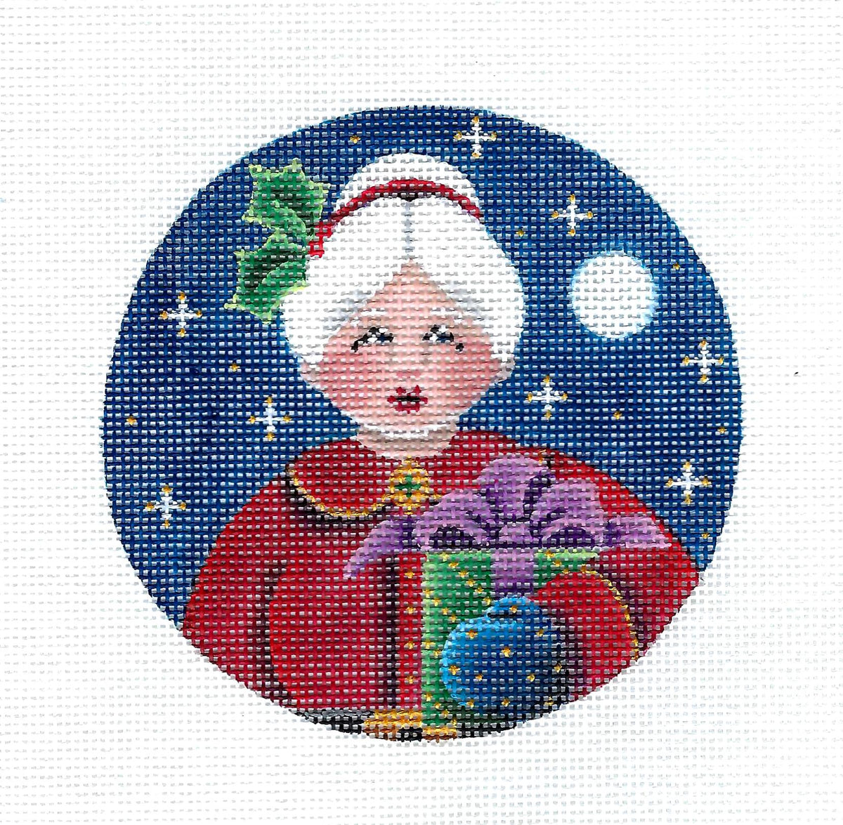 Christmas ~ Mrs. Claus Carrying Gifts handpainted 18 Mesh 4" Rd. Needlepoint Ornament Canvas by Rebecca Wood