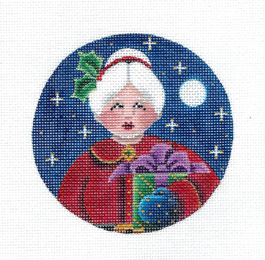 Christmas ~ Mrs. Claus Carrying Gifts handpainted 18 Mesh 4" Rd. Needlepoint Ornament Canvas by Rebecca Wood