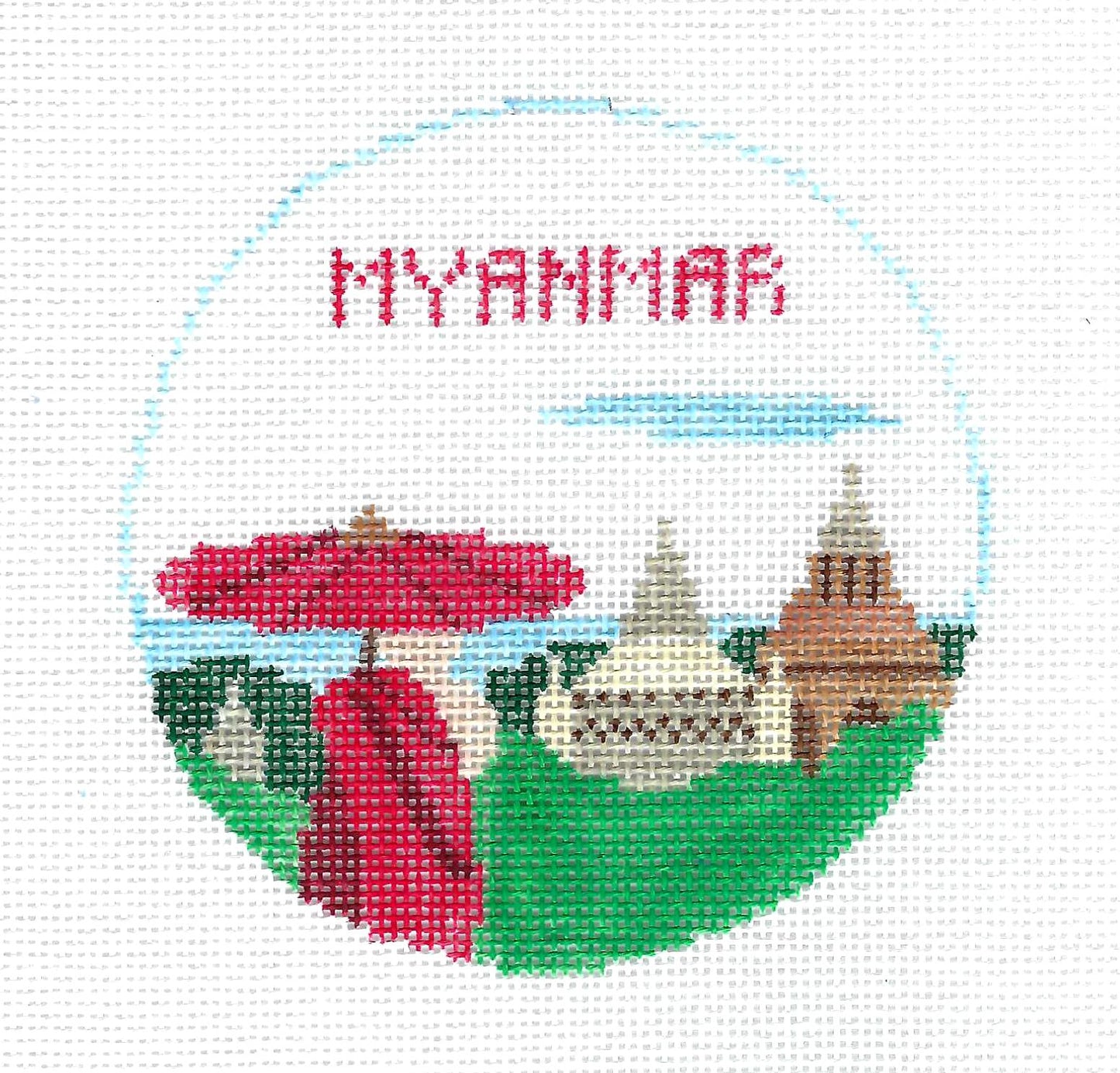 Travel Round ~ The Country of Myanmar handpainted 4" Round 18 Mesh Needlepoint Canvas by Kathy Schenkel