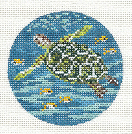 Round ~ Green Sea Turtle 4" Ornament 13 mesh handpainted Needlepoint Canvas by Needle Crossings