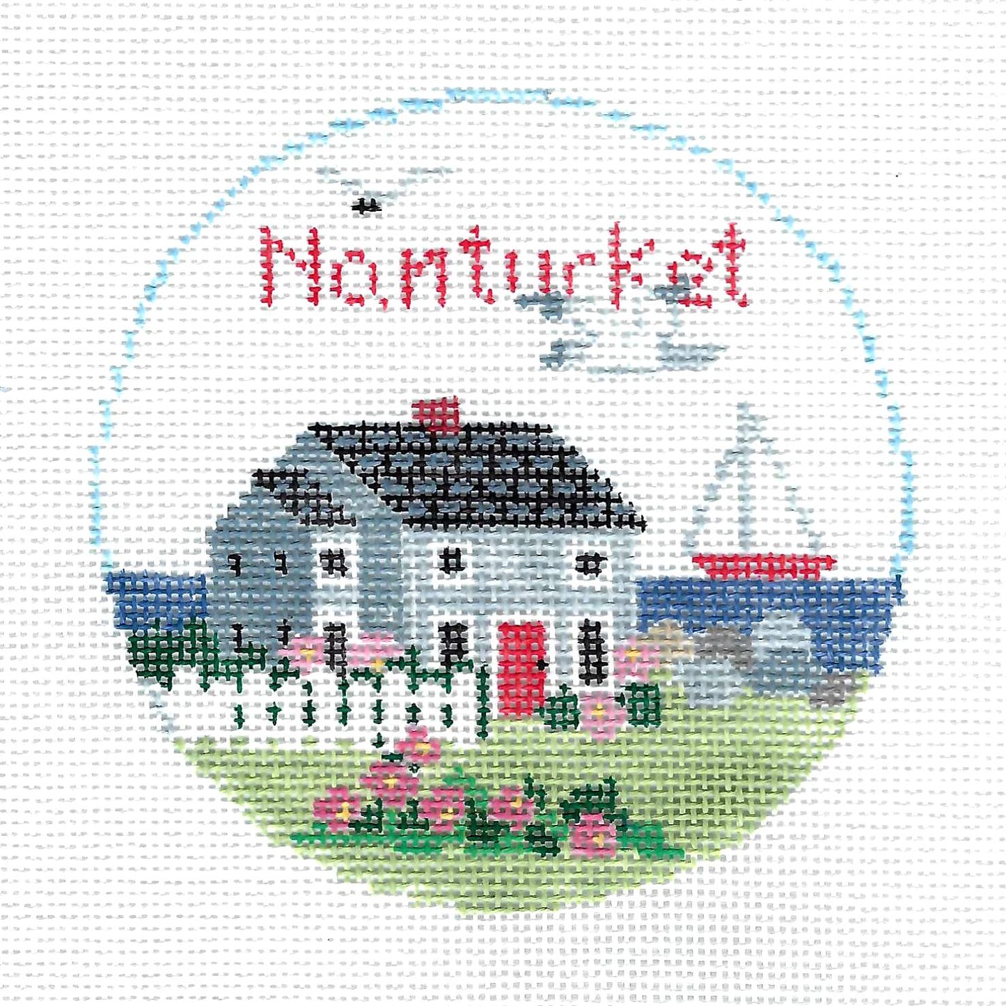 Travel Round ~ NANTUCKET ISLAND, MASSACHUETTS  4" Rd. 18 mesh handpainted Needlepoint Canvas Ornament by Kathy Schenkel