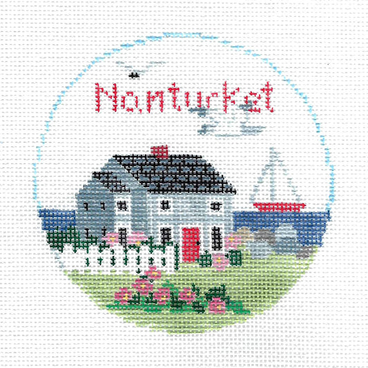 Travel Round ~ NANTUCKET ISLAND, MASSACHUETTS  4" Rd. 18 mesh handpainted Needlepoint Canvas Ornament by Kathy Schenkel